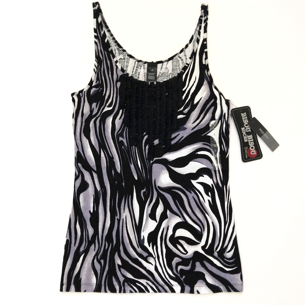 Vintage Y2K Bisou Bisou Animal Print Going Out Top Size L NWT Black White Ruffle